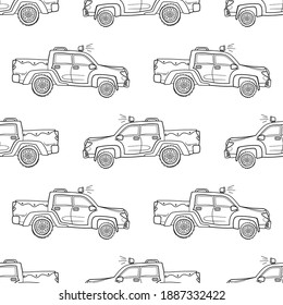 Abstract seamless cars pattern for boy on white background. Childish style wheel auto repeated backdrop. pickup sportcar.