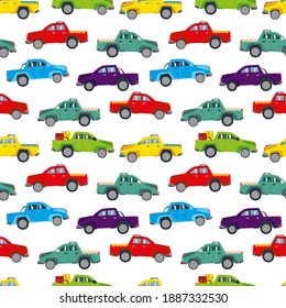 Abstract seamless cars pattern for boy on white background. Childish style wheel auto repeated backdrop. pickup sportcar.
