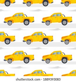 Resumen del patrón de autos sin costura para niños de fondo blanco. Volante de estilo infantil auto-repetido fondo. Coche deportivo amarillo.