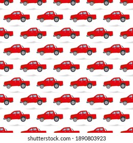 Resumen del patrón de autos sin costura para niños de fondo blanco. Volante de estilo infantil auto-repetido fondo. Coche deportivo rojo.