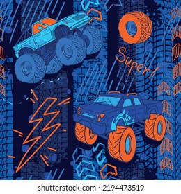 Abstract seamless cars pattern for boy on background. Childish style wheel auto repeated backdrop. Red and blue sportcar.