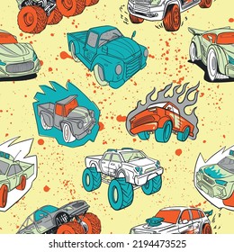 Abstract seamless cars pattern for boy on background. Childish style wheel auto repeated backdrop. Red and blue sportcar.