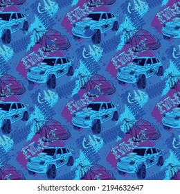 Abstract seamless cars pattern for boy on background. Childish style wheel auto repeated backdrop. Red and blue sportcar.