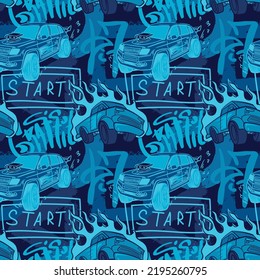 Abstract seamless cars pattern for boy on background. Childish style wheel auto repeated backdrop.