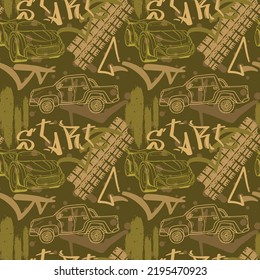 Abstract seamless cars pattern for boy on background. Childish style wheel auto repeated backdrop.