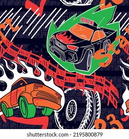 Abstract seamless cars pattern for boy on background. Childish style wheel auto repeated backdrop.