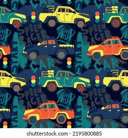 Abstract seamless cars pattern for boy on background. Childish style wheel auto repeated backdrop.