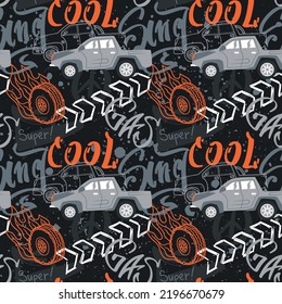 Abstract seamless cars pattern for boy on background. Childish style wheel auto repeated backdrop.