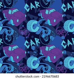 Abstract seamless cars pattern for boy on background. Childish style wheel auto repeated backdrop.