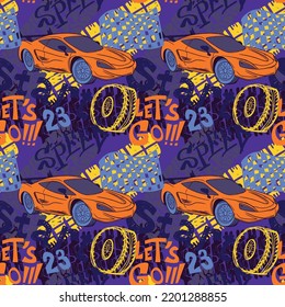 Abstract seamless cars pattern for boy on background. Childish style wheel auto repeated backdrop.