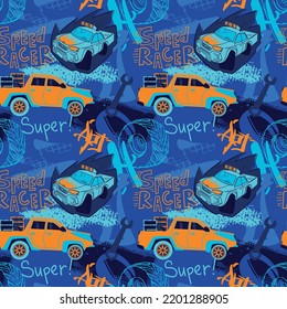 Abstract seamless cars pattern for boy on background. Childish style wheel auto repeated backdrop.