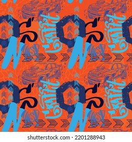 Abstract seamless cars pattern for boy on background. Childish style wheel auto repeated backdrop.