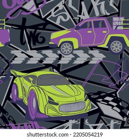 Abstract seamless cars pattern for boy on background. Childish style wheel auto repeated backdrop.