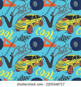 Abstract seamless cars pattern for boy on background. Childish style wheel auto repeated backdrop.