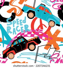 Abstract seamless cars pattern for boy on background. Childish style wheel auto repeated backdrop.