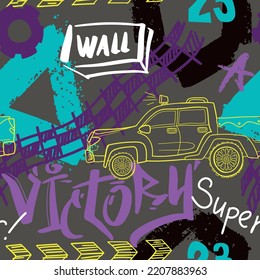 Abstract seamless cars pattern for boy on background. Childish style wheel auto repeated backdrop.