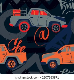 Abstract seamless cars pattern for boy on background. Childish style wheel auto repeated backdrop.