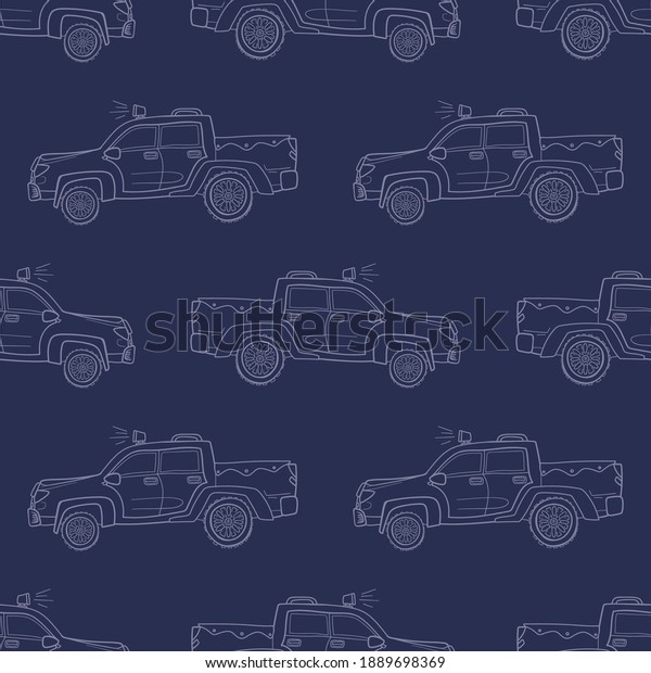 Abstract\
seamless cars pattern for boy on blue background. Childish style\
wheel auto repeated backdrop. pickup\
sportcar.