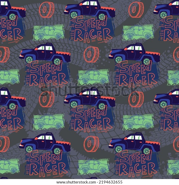 Abstract\
seamless cars pattern for boy on background. Childish style wheel\
auto repeated backdrop. Red and blue\
sportcar.