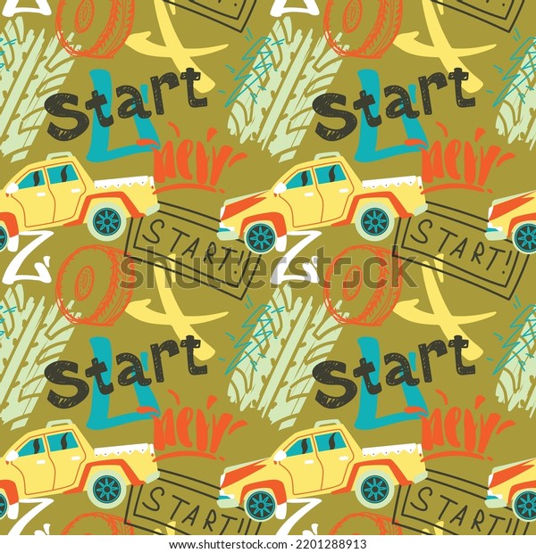 Abstract seamless cars pattern\
for boy on background. Childish style wheel auto repeated\
backdrop.