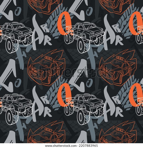 Abstract seamless cars pattern\
for boy on background. Childish style wheel auto repeated\
backdrop.
