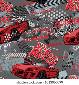 Abstract seamless cars pattern on grunge shape cracked background with shabby texture, arrow, lightning, dots,spray paint, ink. Childish style wheel auto repeated backdrop. Red automobile