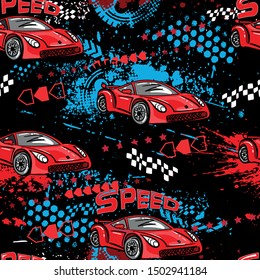 Abstract seamless cars pattern on grunge shape cracked background with shabby texture, arrow, lightning, dots,spray paint, ink. Childish style wheel auto repeated backdrop. Red  sportcar