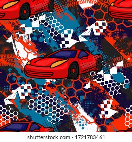 Abstract seamless cars pattern on grunge shape cracked background with shabby texture, arrow, lightning, dots,spray paint, ink. Childish style wheel auto repeated backdrop.