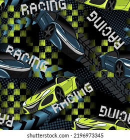 Abstract seamless cars pattern on grunge shape cracked background with shabby texture, arrow, lightning, dots, spray paint, ink. Childish style wheel auto repeated backdrop.