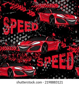 Motif abstrait harmonieux de voitures sur fond grunge craqué avec texture floue, flèche, éclairs, points, peinture pulvérisée, encre. Arrière-plan répétitif automatique de roue de style enfantin. Red sportcar