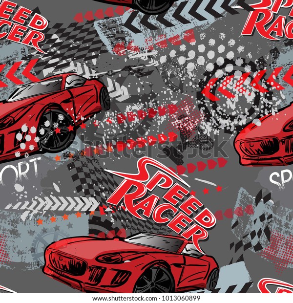 Abstract seamless cars pattern on grunge shape
cracked background with shabby texture, arrow, lightning,
dots,spray paint, ink. Childish style wheel auto repeated backdrop.
Red automobile