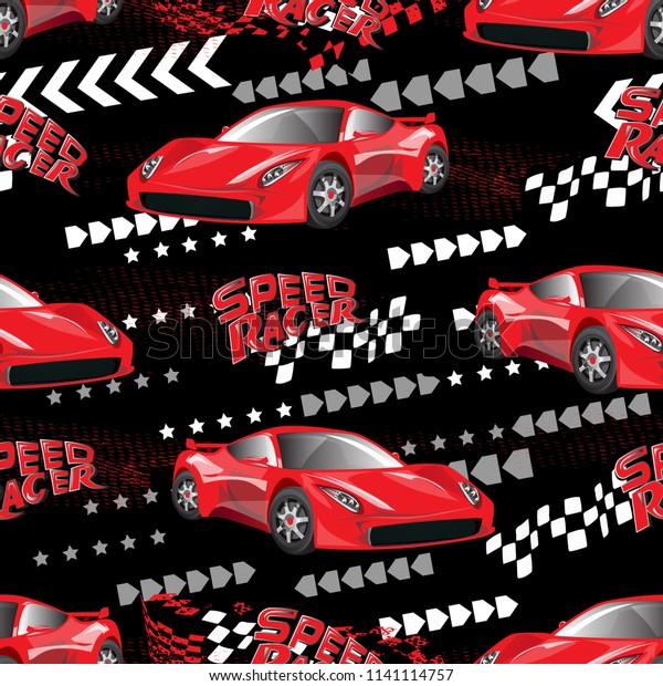 Abstract seamless cars pattern on grunge shape\
cracked background with shabby texture, arrow, lightning,\
dots,spray paint, ink. Childish style wheel auto repeated backdrop.\
Red  sportcar