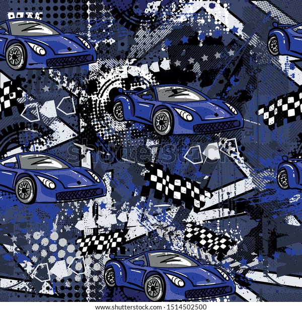 Abstract seamless cars pattern on grunge shape\
cracked background with shabby texture, arrow, lightning,\
dots,spray paint, ink. Childish style wheel auto repeated backdrop.\
 blue sportcar