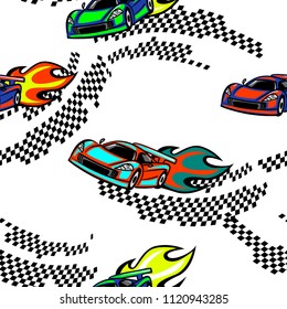 Abstract seamless cars pattern. Speed sport car repeated backdrop for boy, textile, clothes, wrapping paper. Sportish auto and fire track, checkered flag silhouette. Transport repeat wallpaper