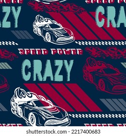 Abstract seamless cars pattern. Sport car endless print with geometric shapes. Crazy speed power text and automobile silhouette illustration for sport textile, fashion clothes, wrapping paper