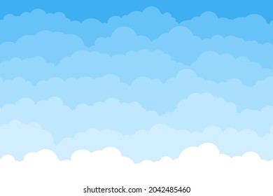 Abstract seamless cartoon background with blue sky and white clouds. Summer fluffy cloud wallpaper vector pattern. Heaven with cumulus, beautiful cloudscape