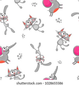 Abstract seamless cartoon cat pattern on white background. funny cartoon pet character. pussy kitty cat repeated backdrop for girl, boy, textile, clothes, wrapping paper. Childish doodle wallpaper
