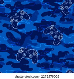 Abstract seamless cartoon gamepad pattern on military blue background. Gaming repeat print with gamepads on camouflage endless wall for boy textile, sport clothes, wrapping paper. Gamer cover ornament