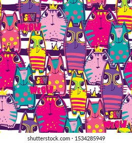 Abstract seamless cartoon kitten pattern. Funny bright cats repeated print for fashion textile, childish clothes, wrapping paper.