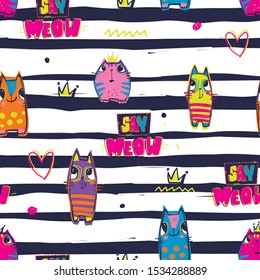 Abstract seamless cartoon kitten pattern. Funny bright cats repeated print for fashion textile, childish clothes, wrapping paper.