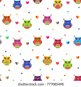Abstract seamless cartoon owl pattern on white background. Childish birds wallpaper with fits dots, hearts. Romantic repeated backdrop for textile, clothes, wrapping paper. 