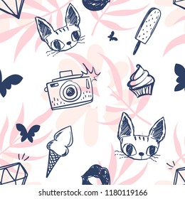 Abstract seamless cartoon pattern. Doodle repeated backdrop for girl, textile, clothes, wrapping