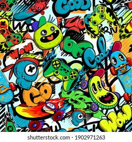 Abstract Seamless Cartoon Pattern For Kids, Teenagers, Fashion Textile, Clothes, Wrapping Paper. Repeated Print With Monsters Doodle Characters, Graffiti Text, Gamepad, Skateboard.