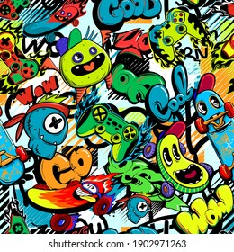 Abstract seamless cartoon pattern for kids, teenagers, fashion textile, clothes, wrapping paper. Repeated print with monsters doodle characters, graffiti text, gamepad, skateboard.