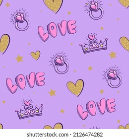 Abstract seamless cartoon pattern with rings, text love, heart, stars, crown on light purple background. Colorful royal repeated print for fashion textile, kid clothes, wrapping paper.
