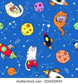 Abstract seamless cartoon pattern of universe, gamer cat with gamepads, planets, probe. Space. repeat print and kittens. Cosmic endless ornament