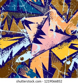 Abstract seamless cartoon space pattern with rockets, grunge geometry elements.