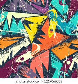 Abstract seamless cartoon space pattern with rockets, grunge geometry elements.