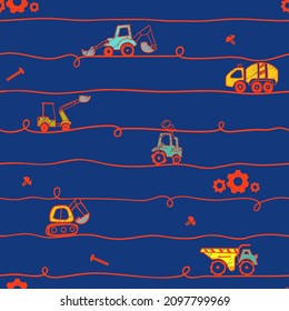 Abstract seamless cartoon tractors pattern on repeat line background. Technical repeated print for child textile, clothes, wrapping paper.