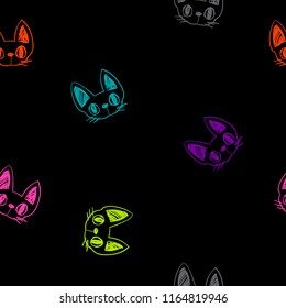 Abstract seamless cast pattern. Neon kitten faces drawing in sketch style. 